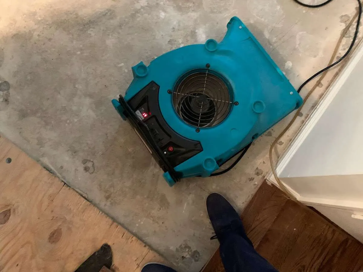 Air mover drying subfloor during Leak Detection & Repair in Stamford